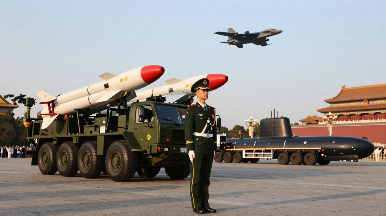 Soldado em formação junto a veículo militar com mísseis, submarino e avião de combate em fundo urbano.