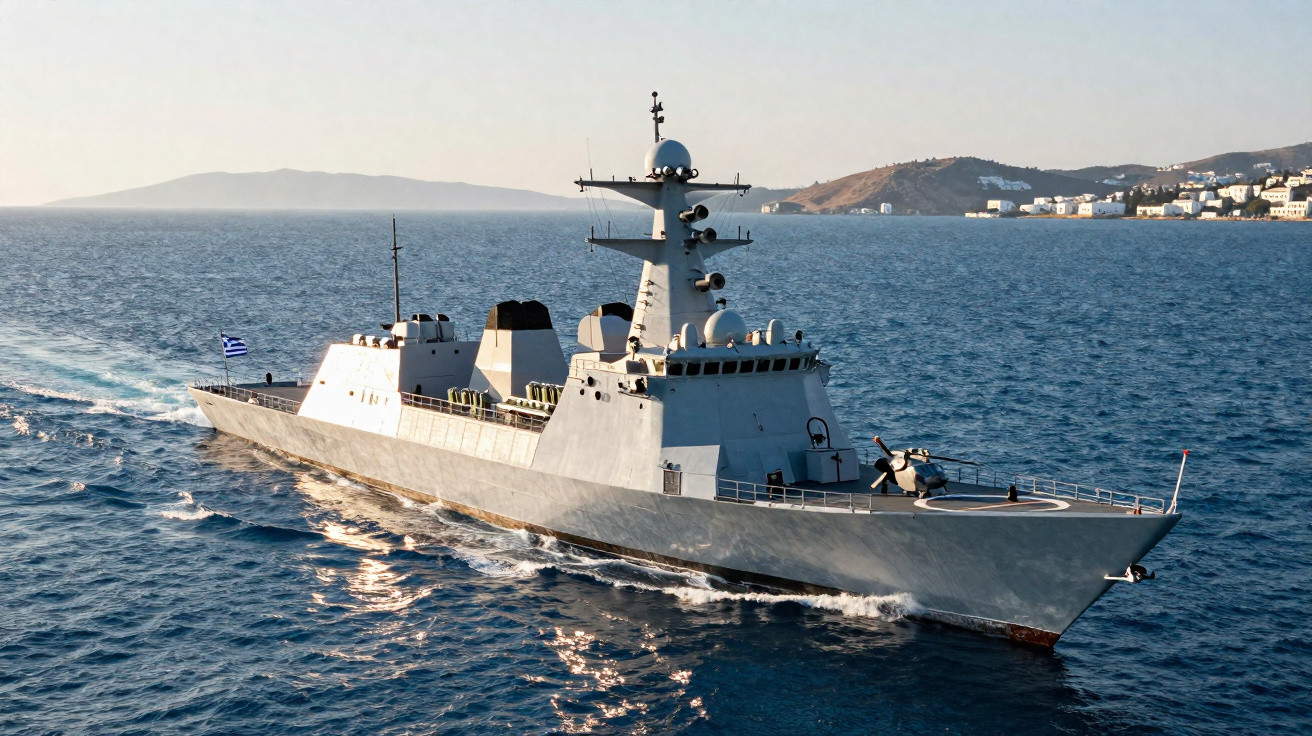 Navio de guerra moderno a navegar no mar com costa e montanhas ao fundo.