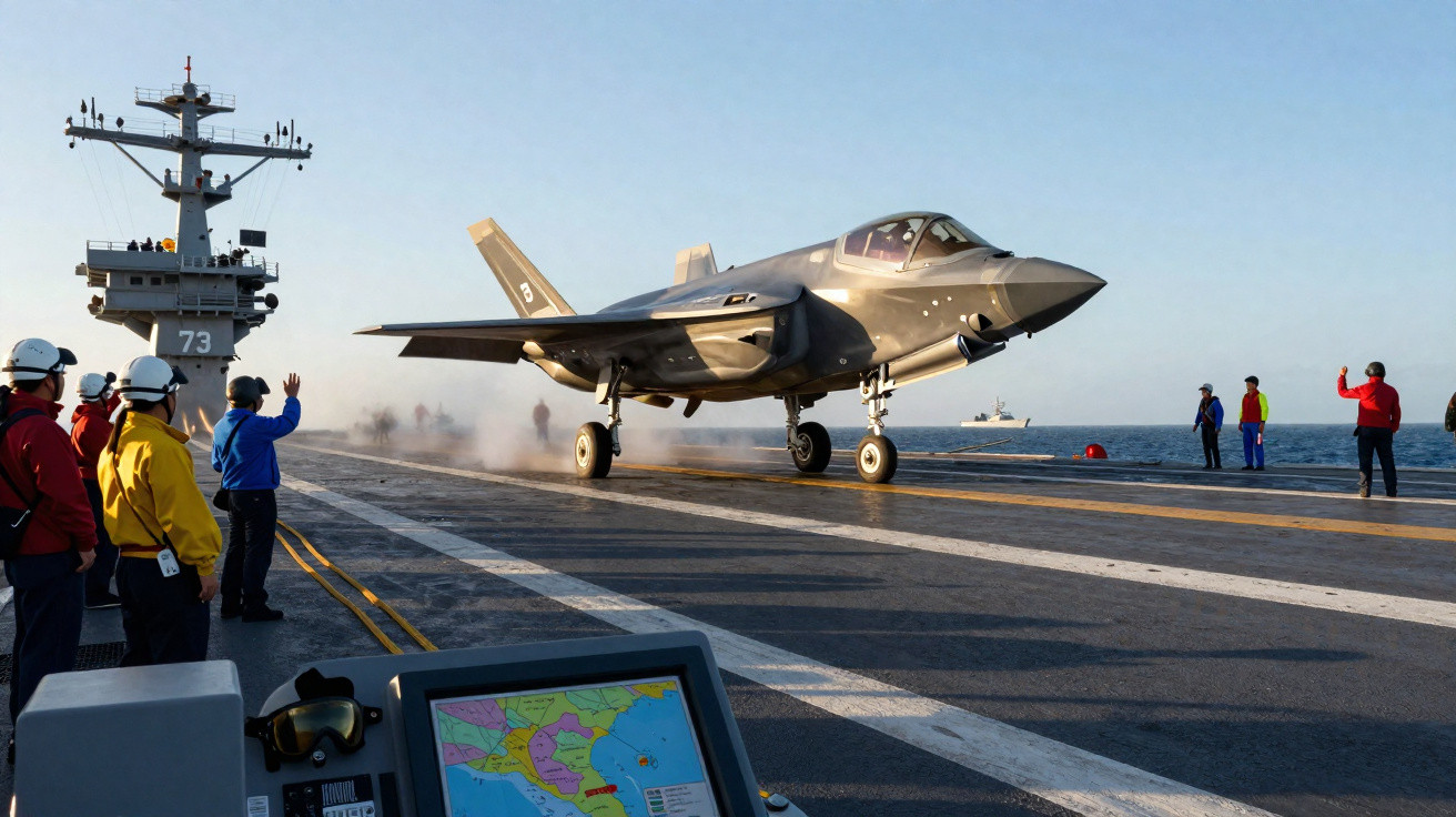 Caça F-35 a descolar de porta-aviões com tripulação a observar no convés e mar ao fundo.