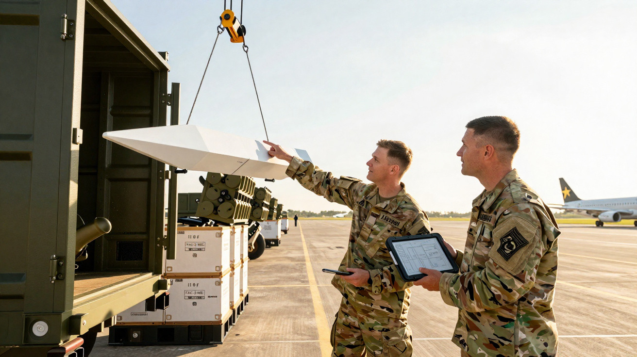 Dois soldados em uniformes militares operam um drone branco enquanto é içado por um guincho em pista de aeroporto.