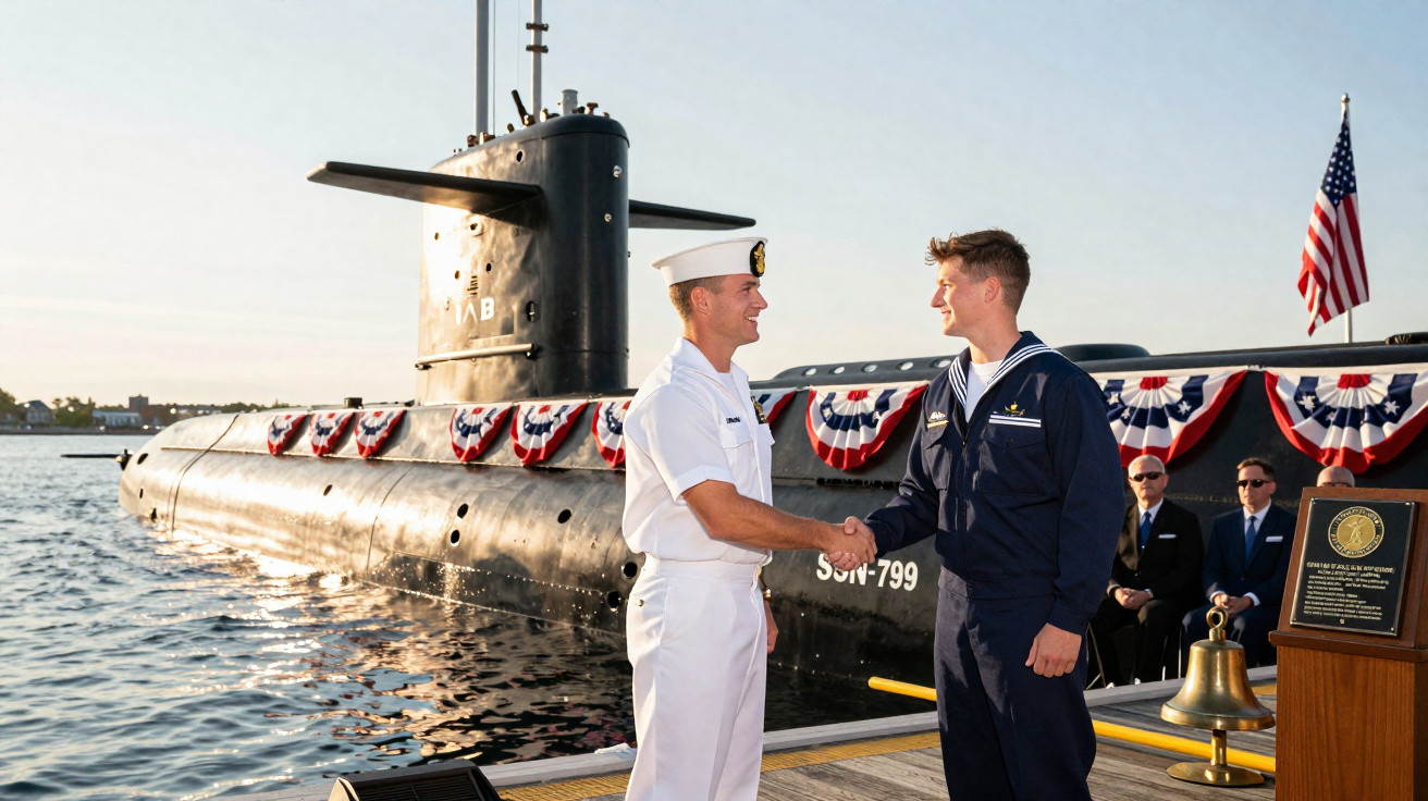 Dois marinheiros apertam mãos em cerimónia ao lado de submarino decorado com bandeira dos EUA e público ao fundo.