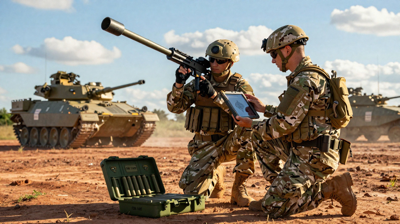 Dois soldados em farda camuflada consultam dispositivo digital com tanques militares ao fundo em terreno seco.