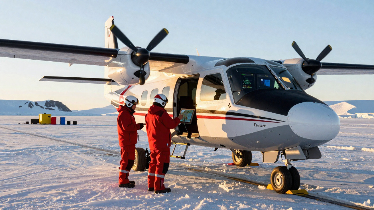 Dois técnicos em roupa vermelha de proteção estão junto a um avião bimotor estacionado na neve, com montanhas ao fundo.