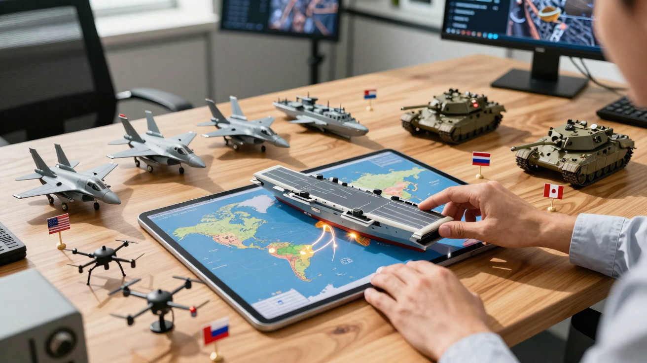 Mãos pousam porta-aviões numa mesa com modelos de aviões, tanques, drones e mapas digitais.