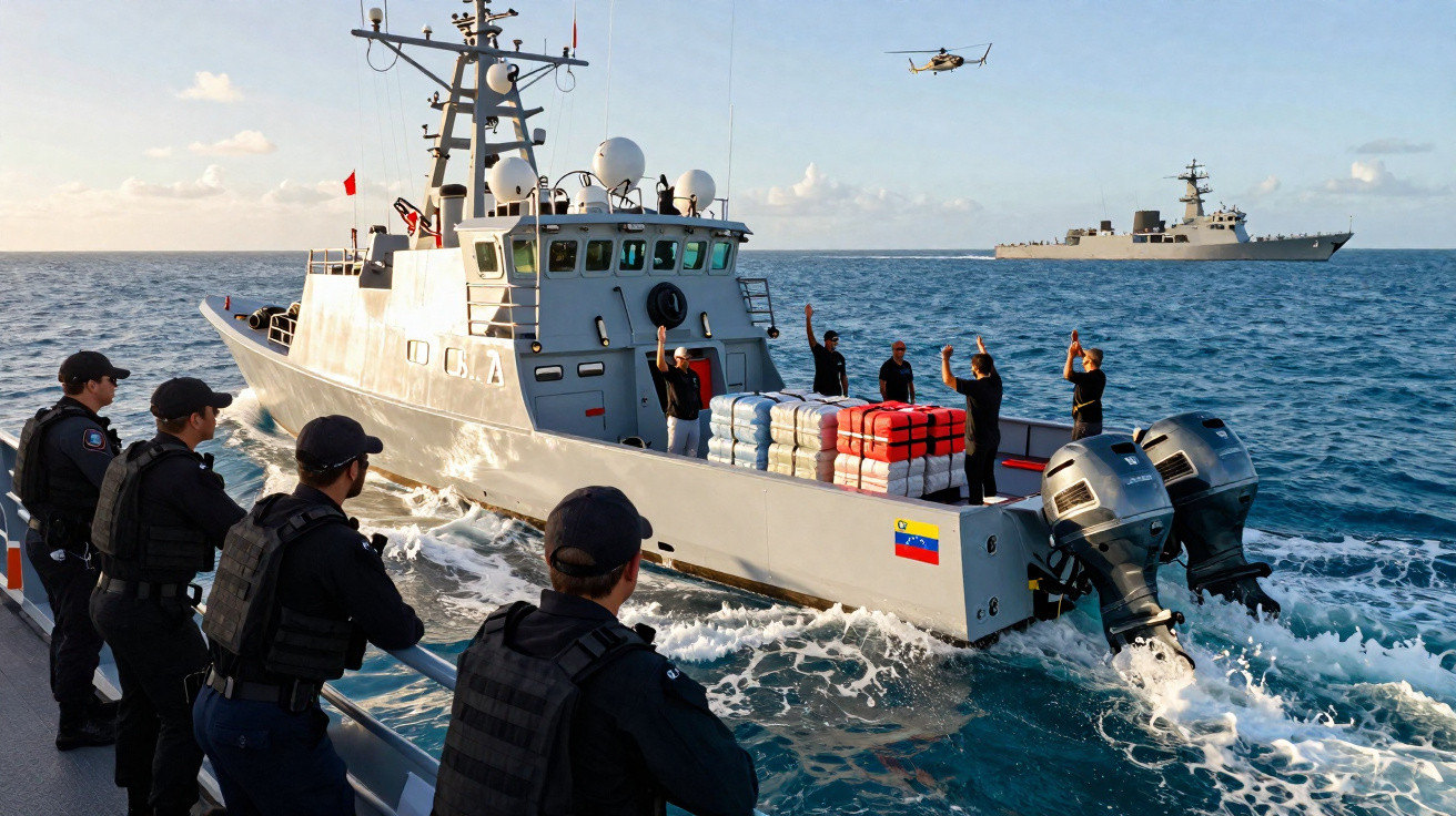 Marinha com agentes a bordo de um barco apreende mercadorias com um navio militar ao fundo no mar aberto.