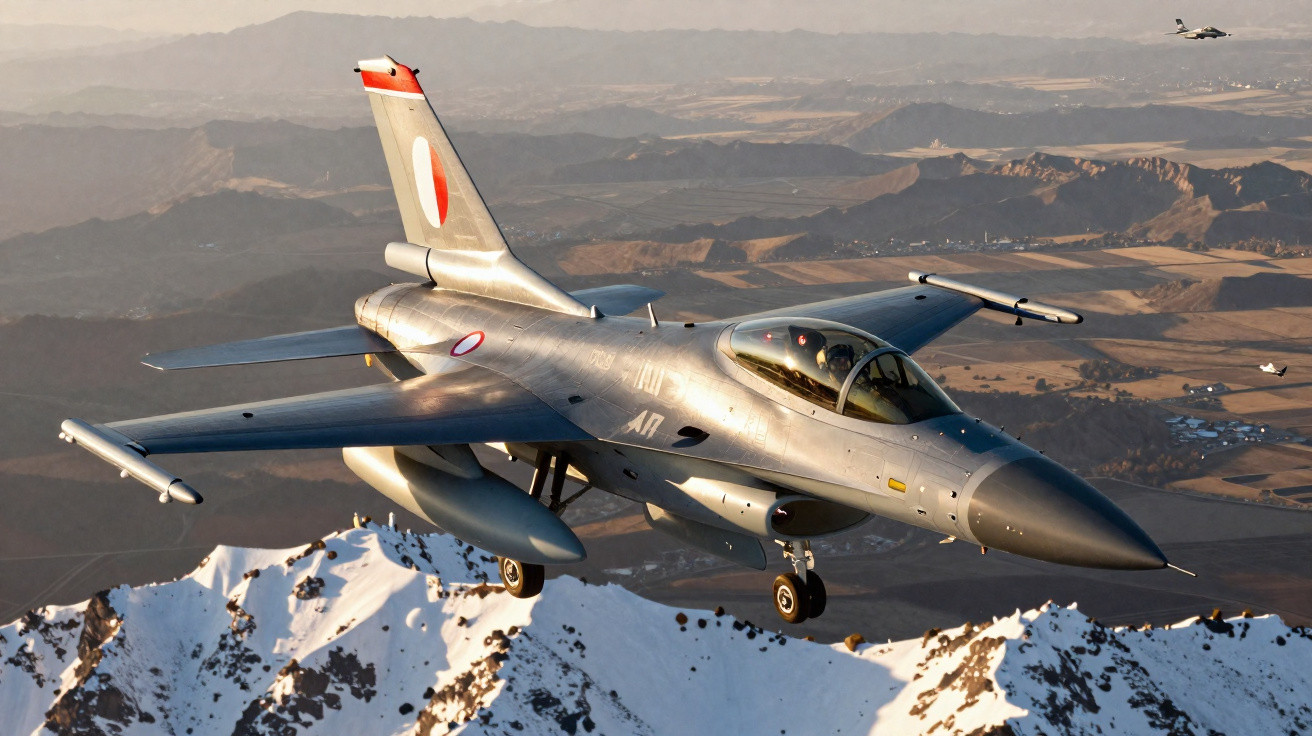 Caça militar cinzento a voar sobre montanhas com neve ao pôr do sol.