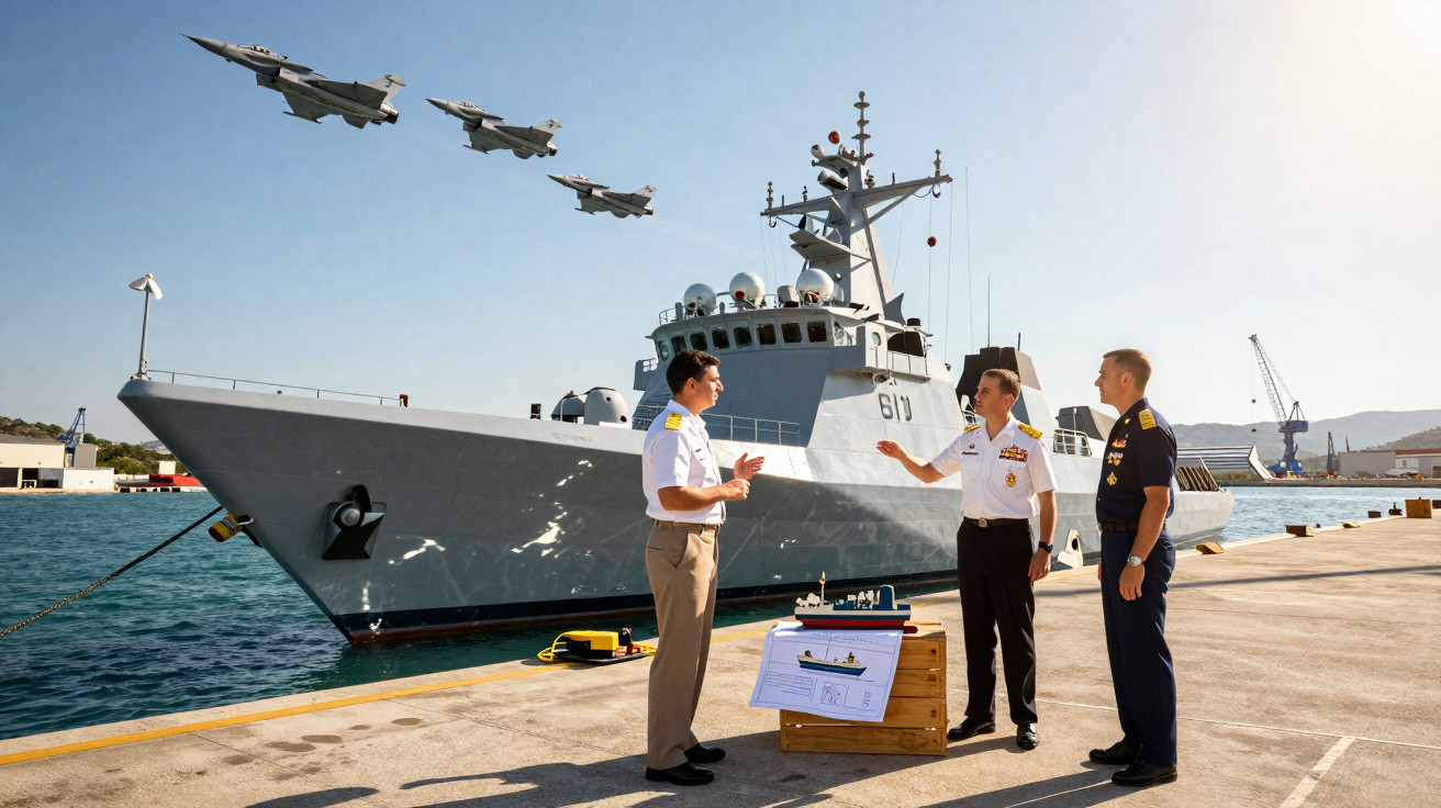 Três militares conversam junto a um navio de guerra atracado, com quatro aviões militares em voo sobre o mar.