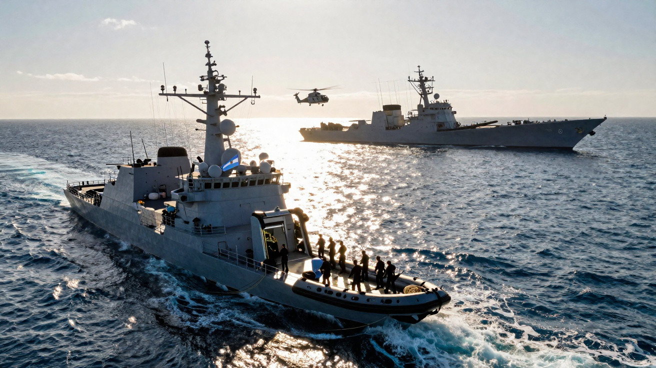 Dois navios militares no mar ao pôr do sol com um helicóptero a voar entre eles e soldados no convés.
