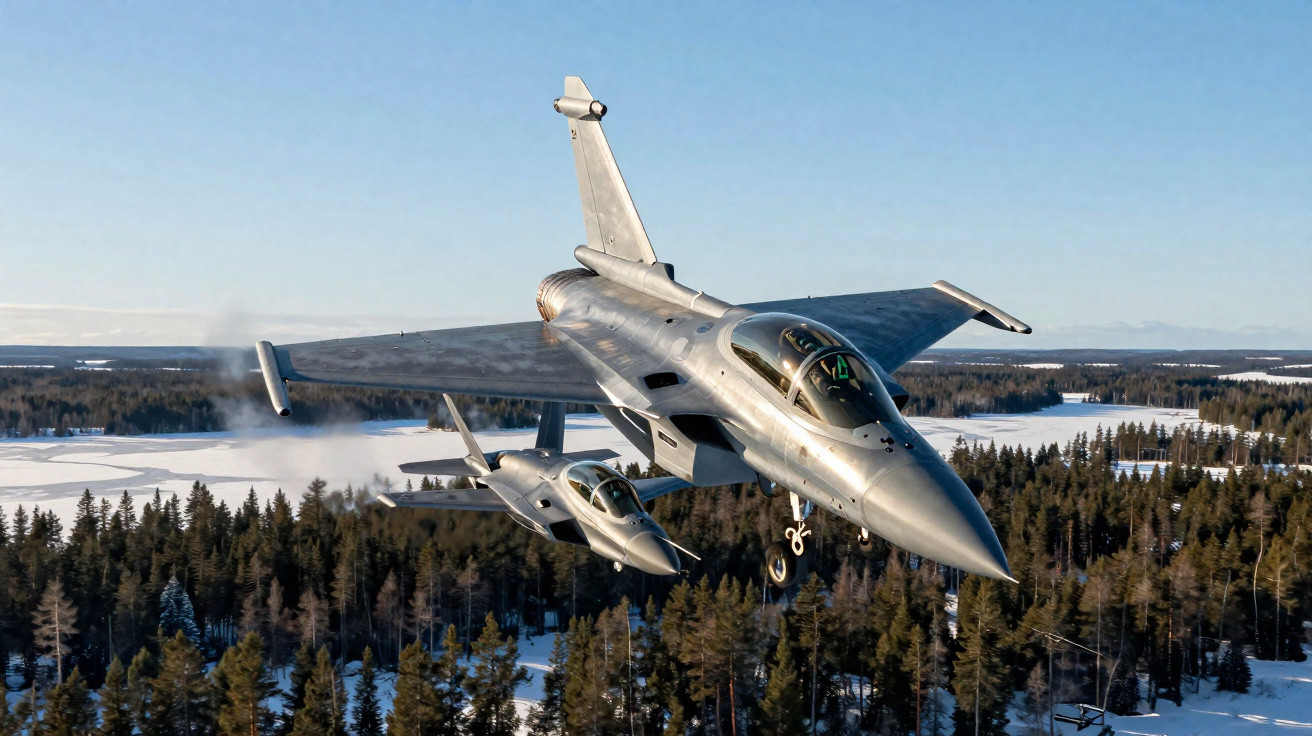 Dois caças militares a voar em formação baixa sobre área florestal com neve.