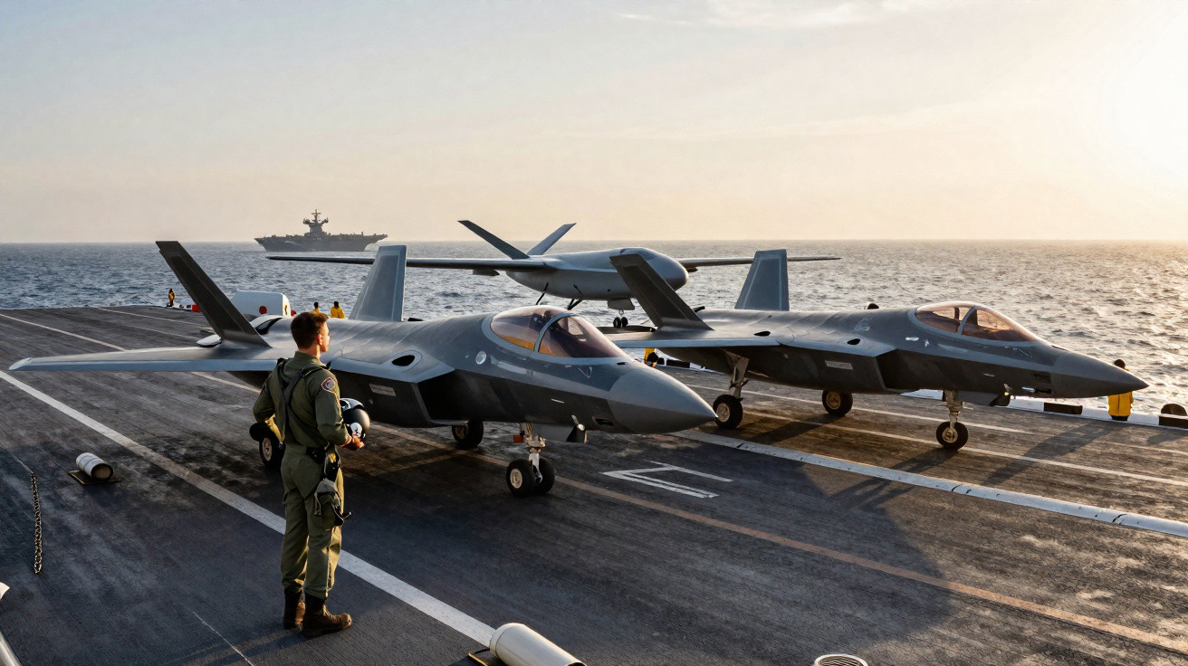 Dois caças F-35 no convés de um porta-aviões com um piloto em uniforme observando e o mar ao fundo ao pôr do sol.