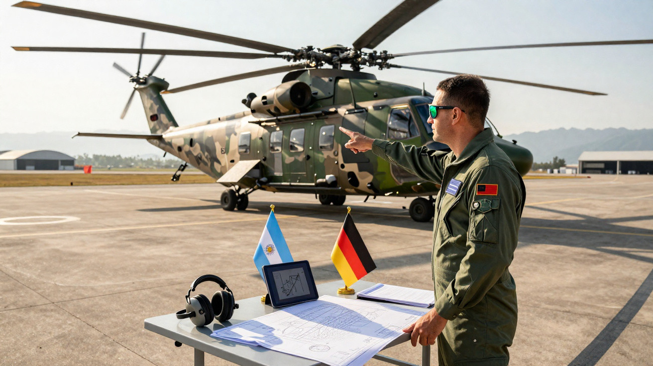 Militar com fatos de voo junto a helicóptero militar camuflado e mesa com plantas e bandeiras da Argentina e Alemanha.