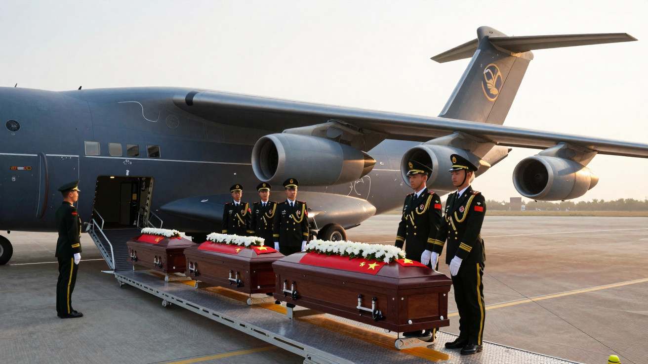 Militares em uniforme ao lado de três caixões com flores ao lado de avião militar numa pista de aeroporto.