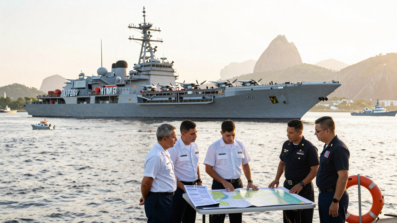 Cinco tripulantes da marinha discutem mapas num barco com um porta-aviões e montanhas ao fundo.