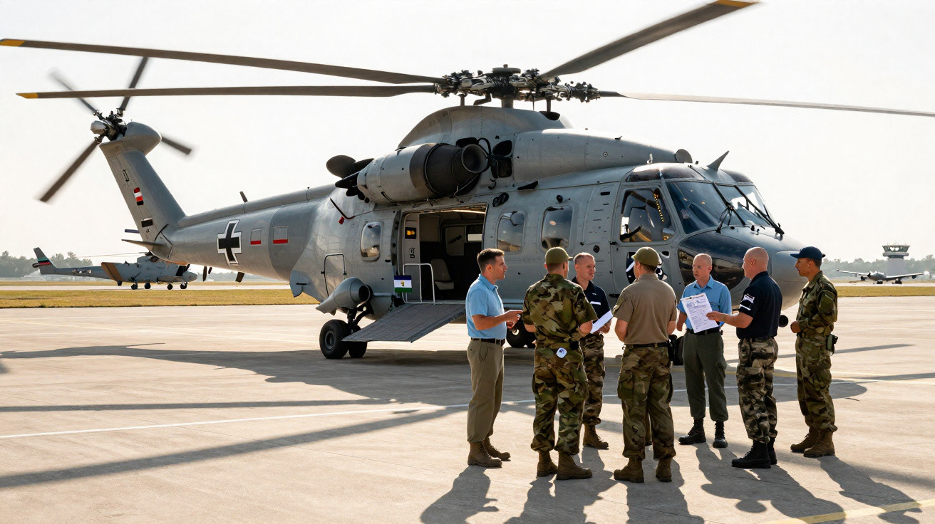 Helicóptero militar estacionado com sete soldados em uniforme a discutir documentos numa pista de voo.