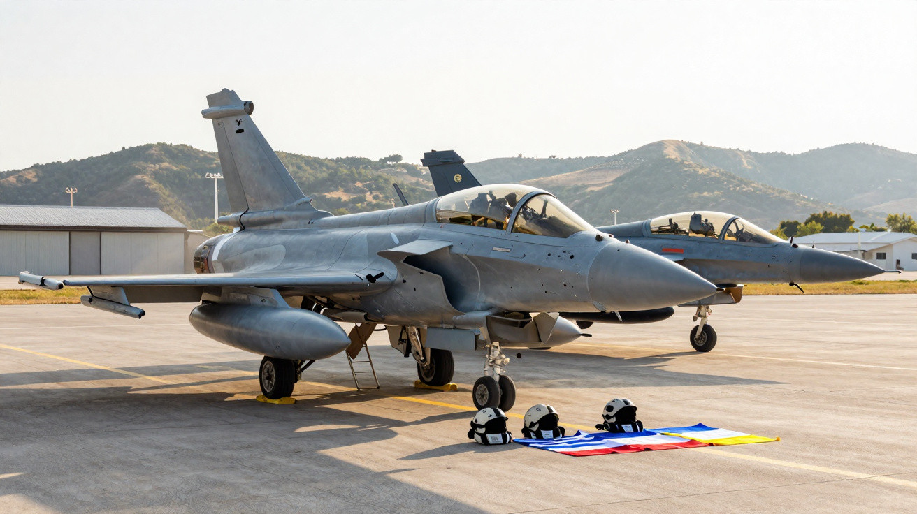 Dois caças militares estacionados num aeroporto, com capacetes no chão e bandeira estendida.