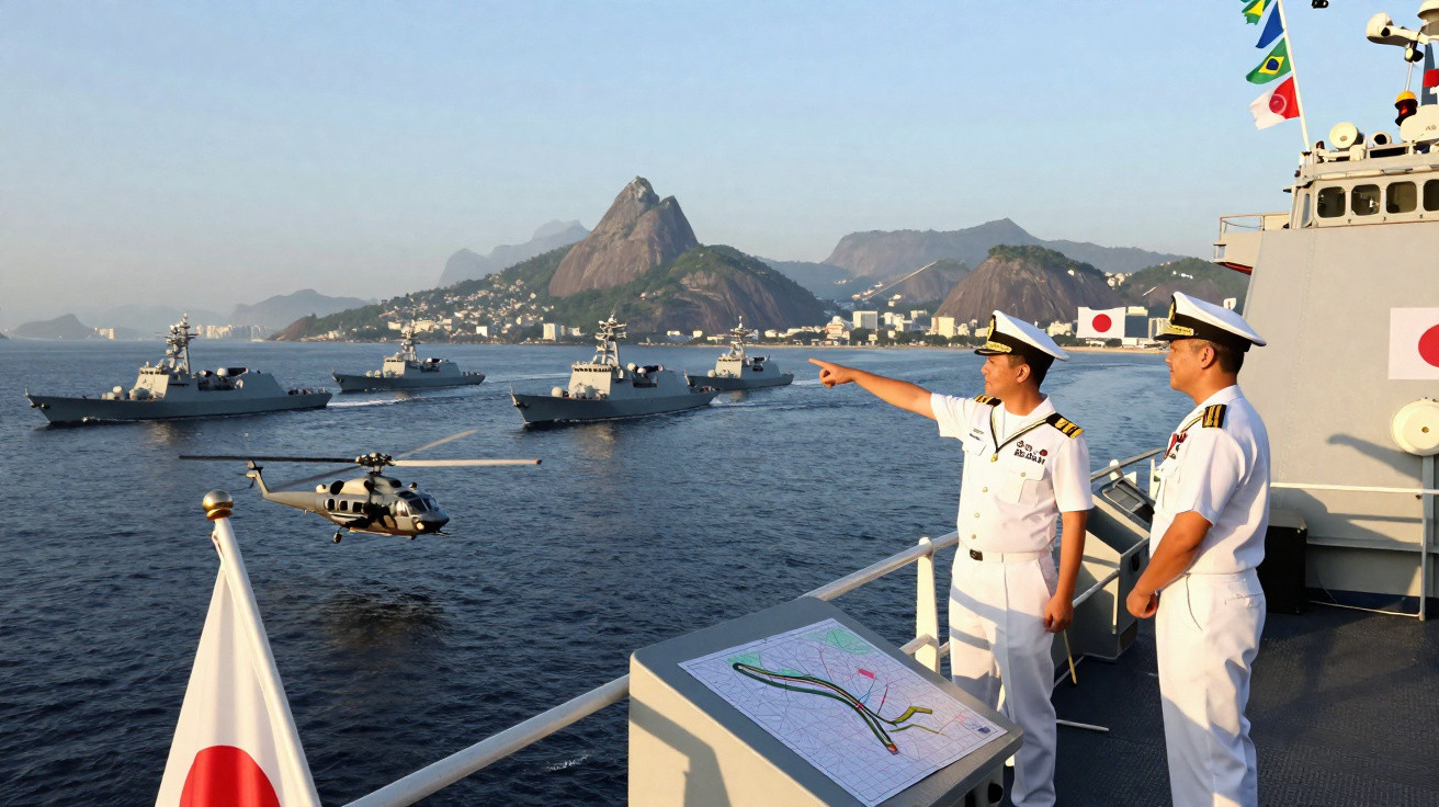 Dois oficiais navais japoneses observam frota naval e helicóptero com montanhas ao fundo, Rio de Janeiro.