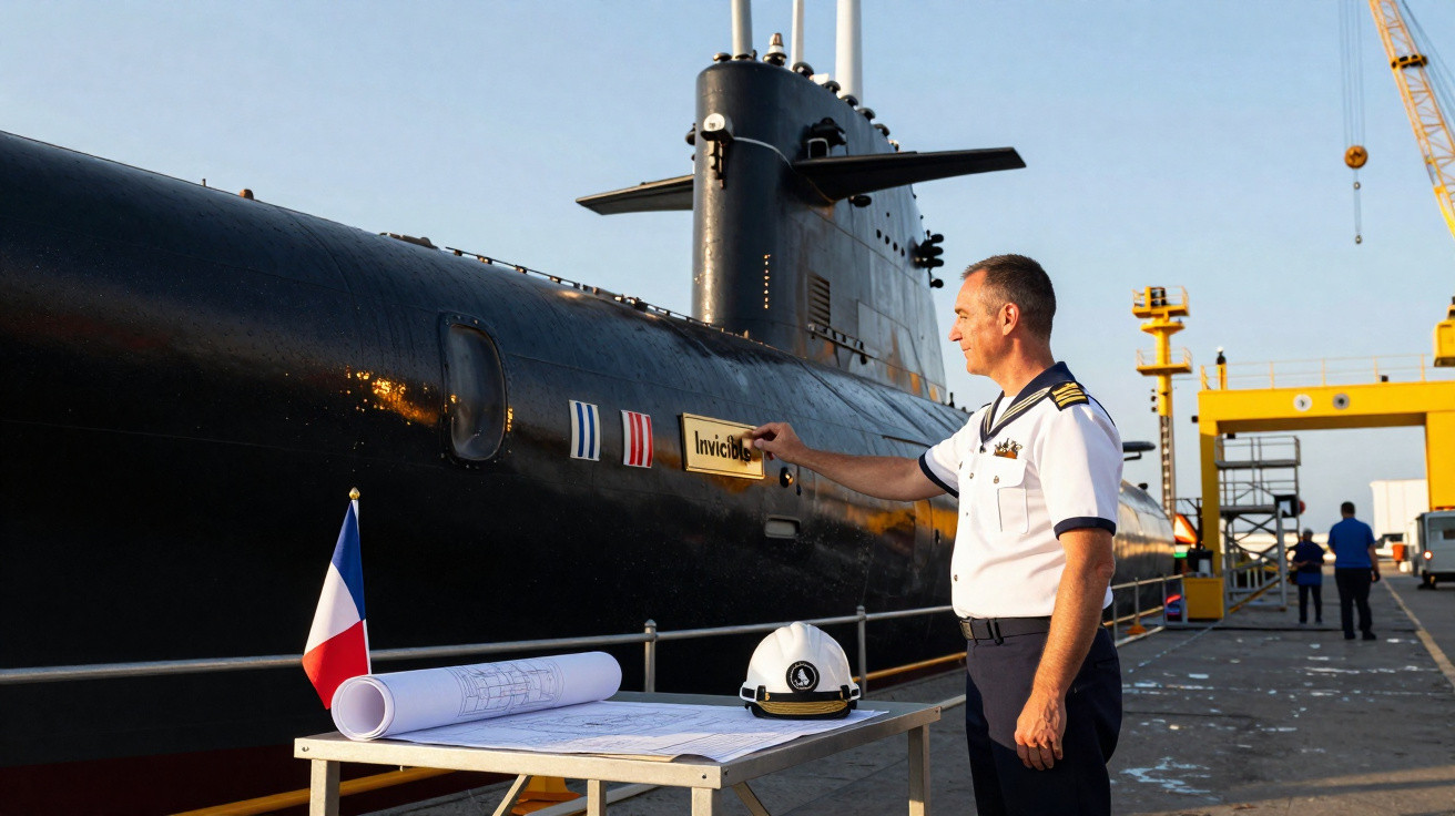 Oficial naval toca a placa Invincible num submarino junto a mesa com capacete e planta.