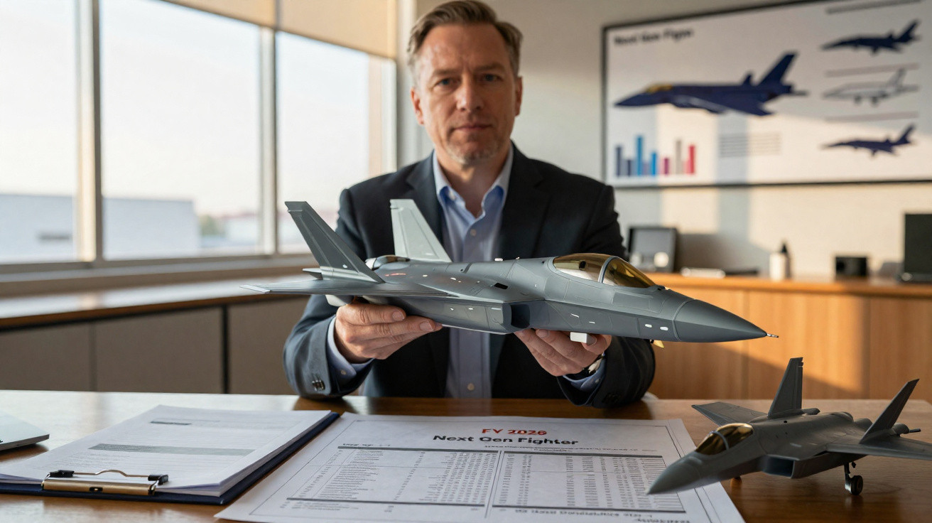 Homem em escritório a segurar modelo de avião militar sobre mesa com documentos e outro modelo.