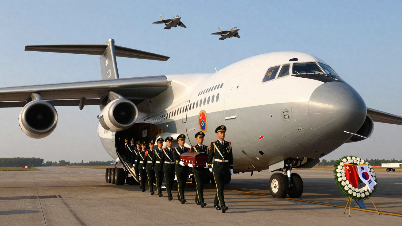 Soldados em uniforme militar a transportar caixão junto a avião militar na pista, com dois jatos a sobrevoar.