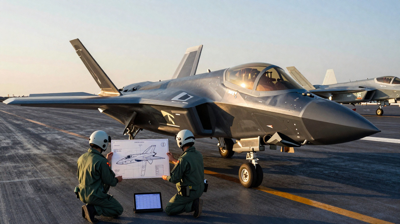 Dois técnicos em macacão e capacete analisam planta de avião de combate junto a jato estacionado em pista ao pôr do sol.