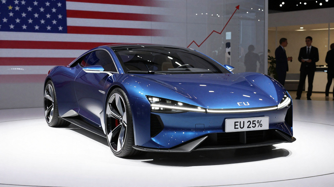 Carro desportivo elétrico azul em exposição, com matrícula EU 25% e bandeira dos EUA ao fundo.