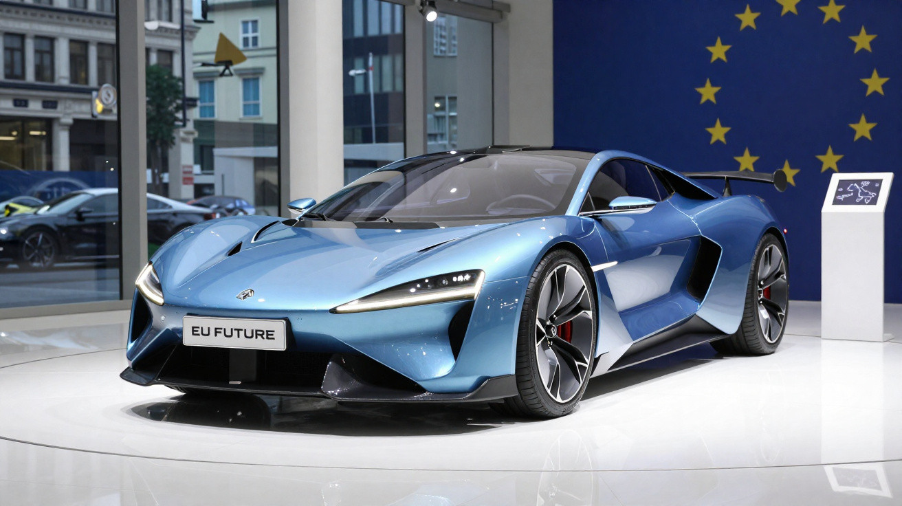 Carro desportivo azul metálico futurista em exposição com placa "EU FUTURE" e símbolo da União Europeia ao fundo.