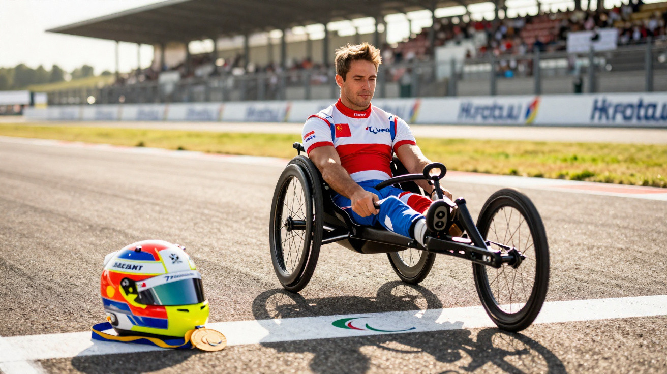 Atleta paralímpico em cadeira de rodas de corrida num circuito, com capacete e medalha no chão ao lado.