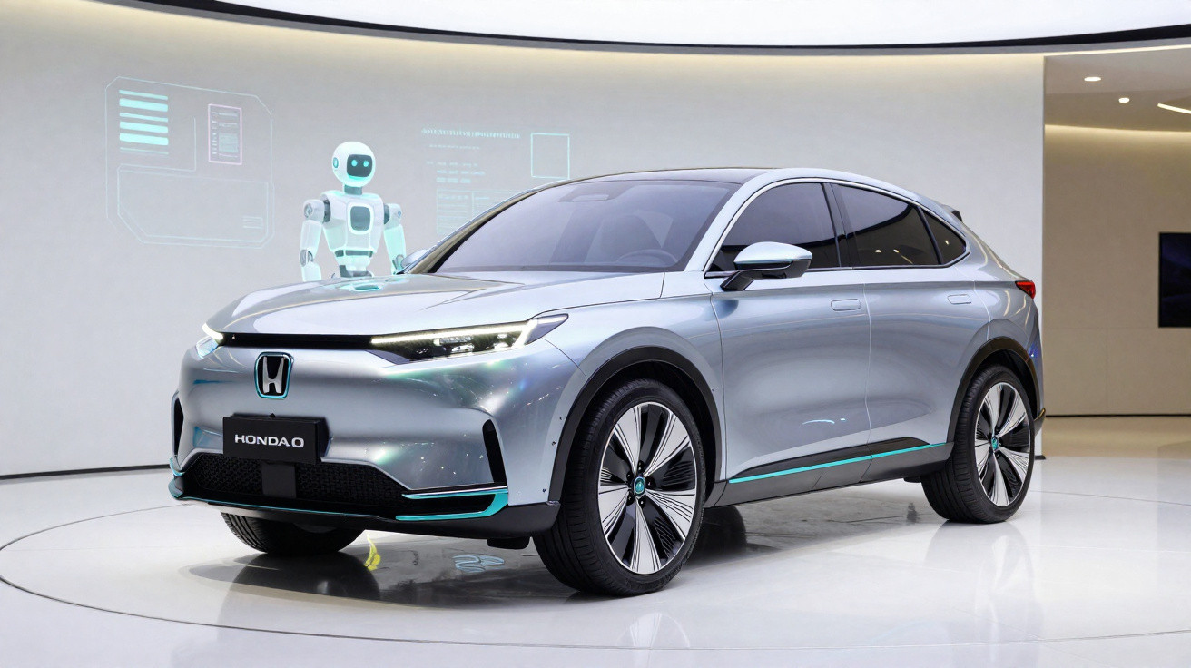 Carro elétrico cinza Honda Honda e exposto em ambiente moderno com holograma de robô ao fundo.