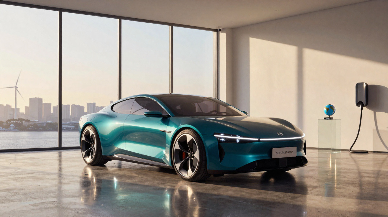 Carro desportivo eléctrico verde num espaço interior moderno com vista para a cidade e carregador na parede.