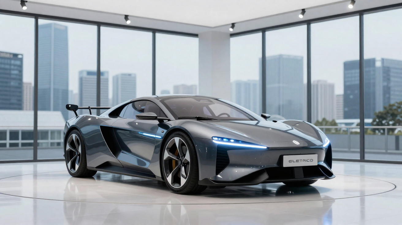 Carro desportivo elétrico cinza com design aerodinâmico em showroom com janelas panorâmicas e edifícios ao fundo.
