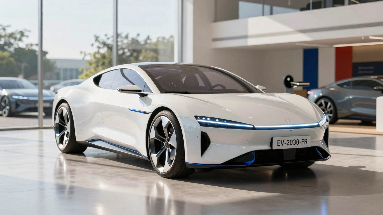 Carro elétrico branco desportivo estacionado em showroom moderno com luz natural abundante.