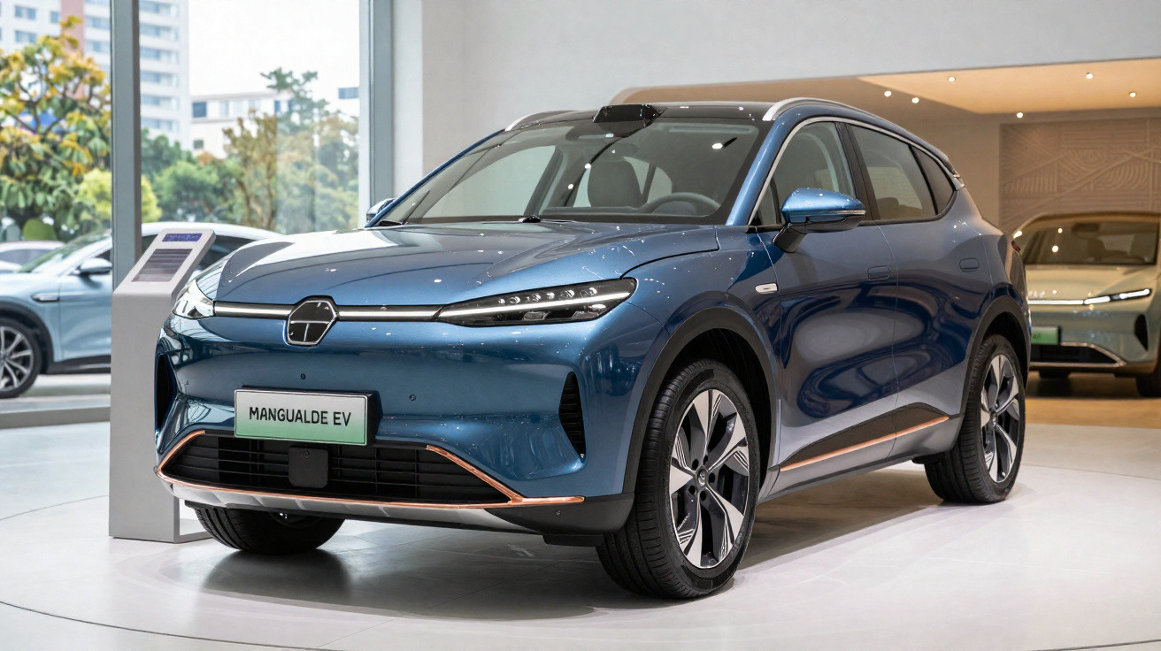 Carro elétrico azul metálico Mangualde EV exibido numa sala de exposição moderna com vidros amplos.