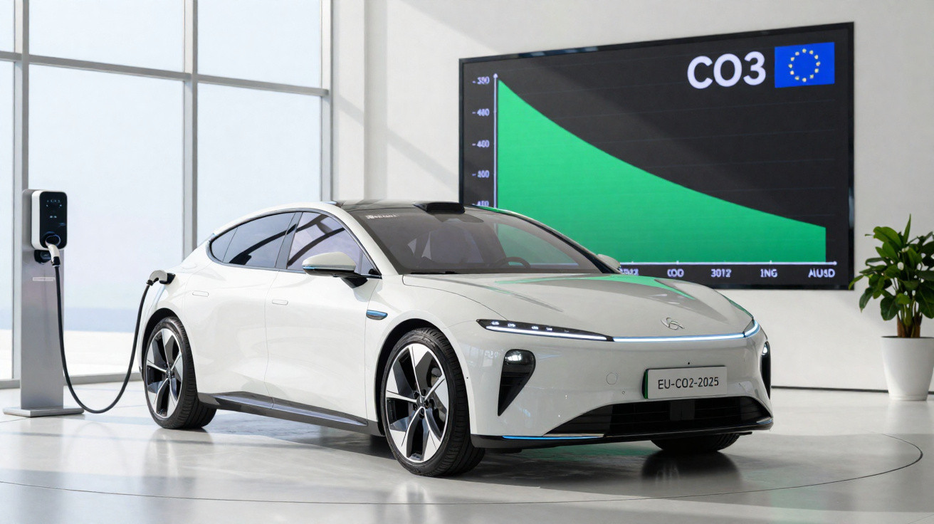 Carro elétrico branco a carregar numa estação, com gráfico de redução de CO2 no ecrã ao fundo.