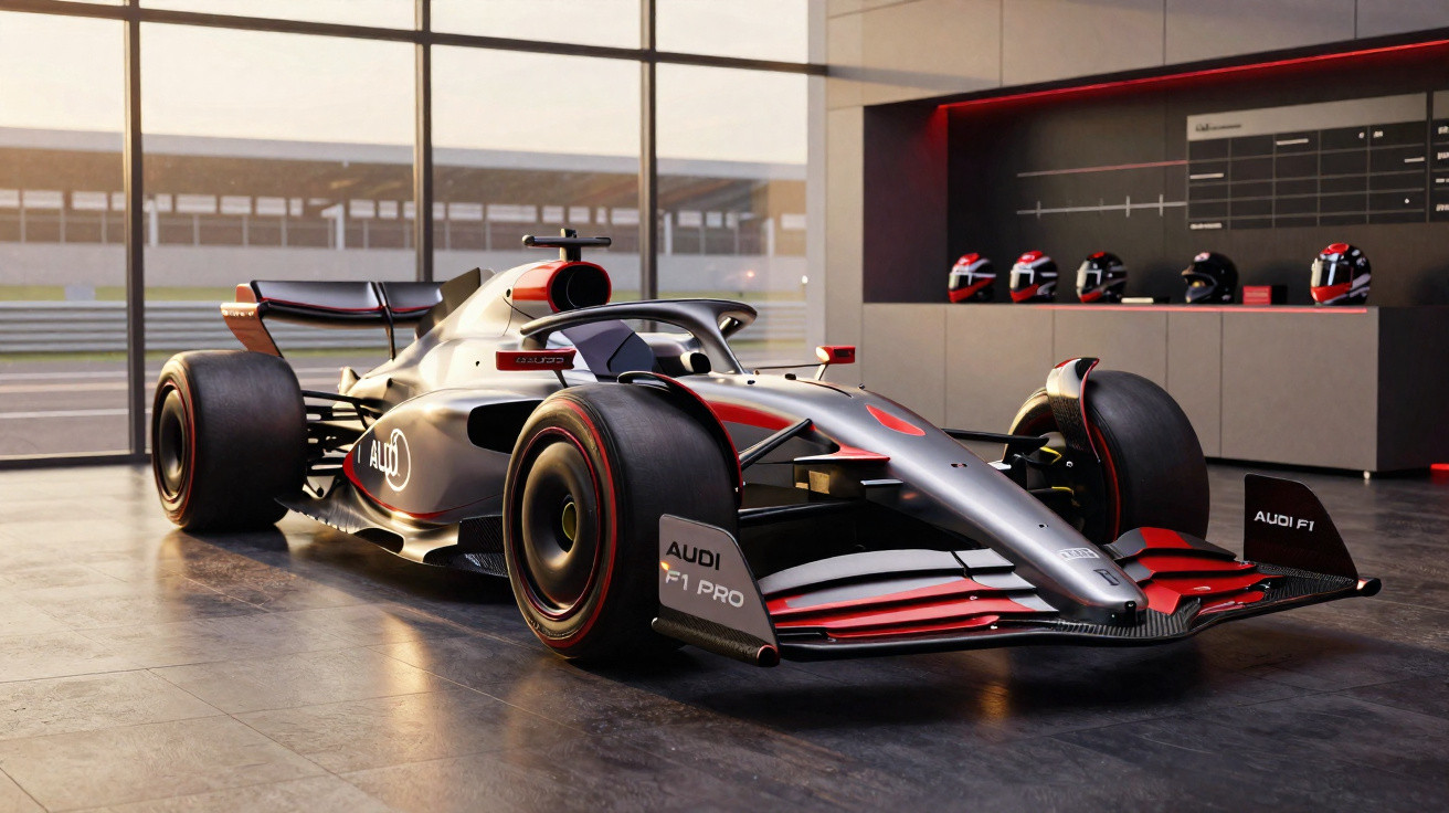 Carro de Fórmula 1 da Audi F1 Pro estacionado numa garagem moderna com capacetes ao fundo.