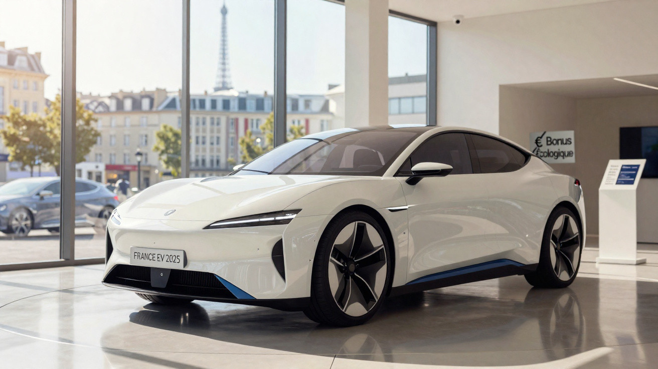 Carro elétrico branco moderno exposto em showroom com vista para a Torre Eiffel ao fundo.