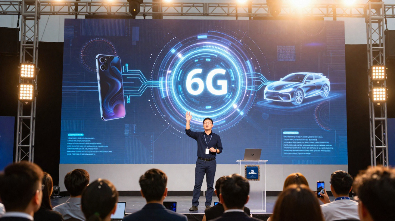 Apresentador em conferência a falar sobre tecnologia 6G, com ecrã a mostrar telemóvel e carro.