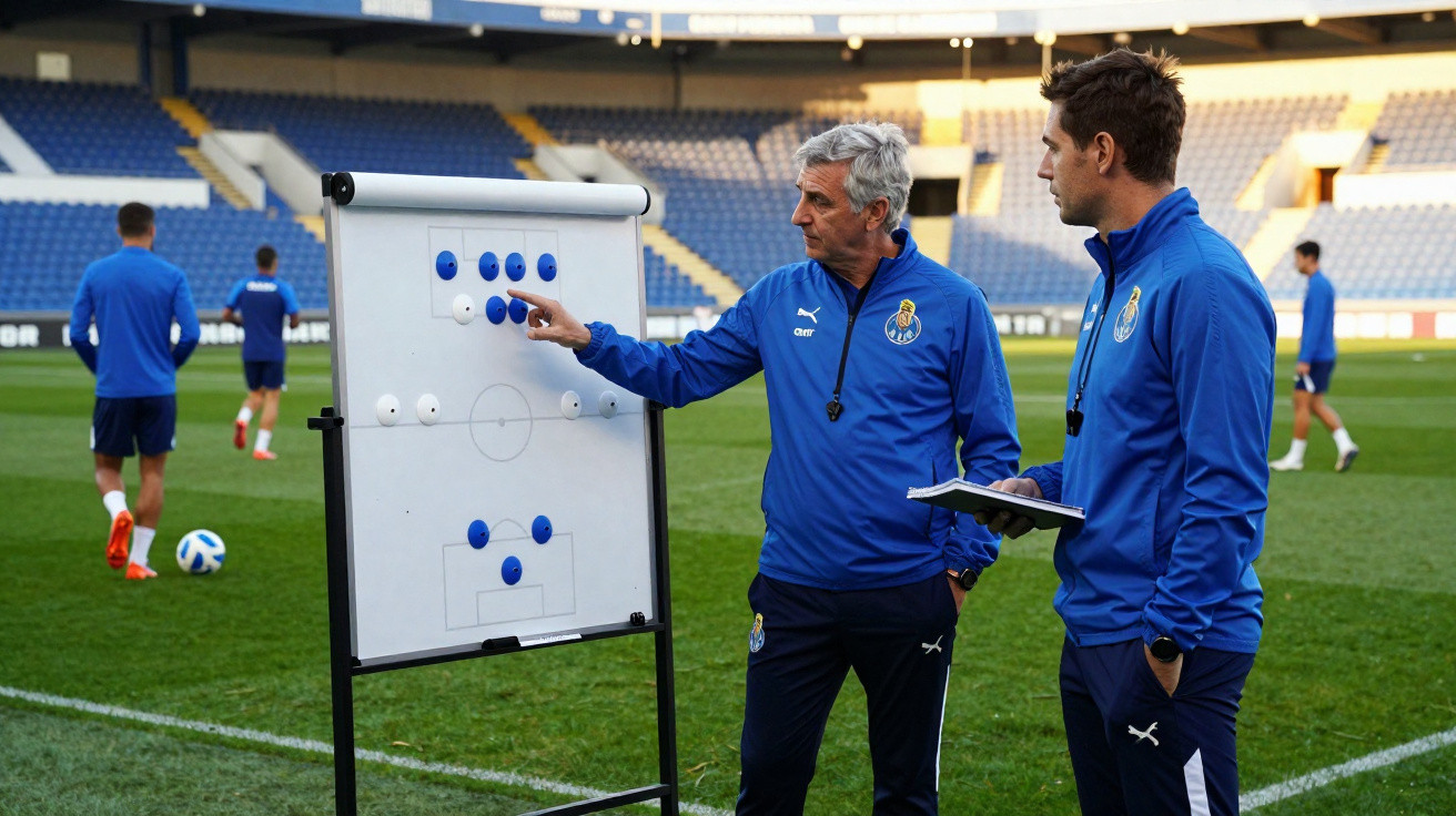 Dois treinadores de futebol discutem tática numa placa magnética durante treino num estádio vazio.