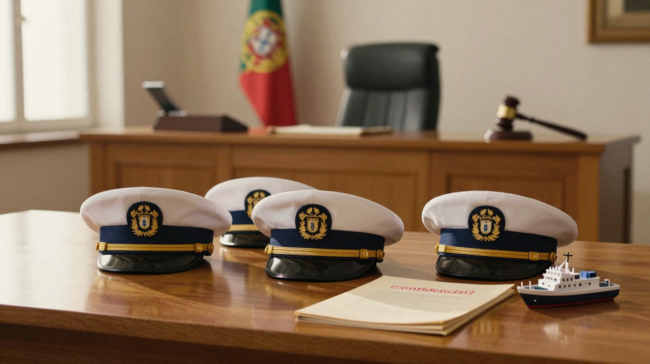 Quatro chapéus de oficial naval, documentos e maquete de barco sobre mesa em escritório com bandeira de Portugal.