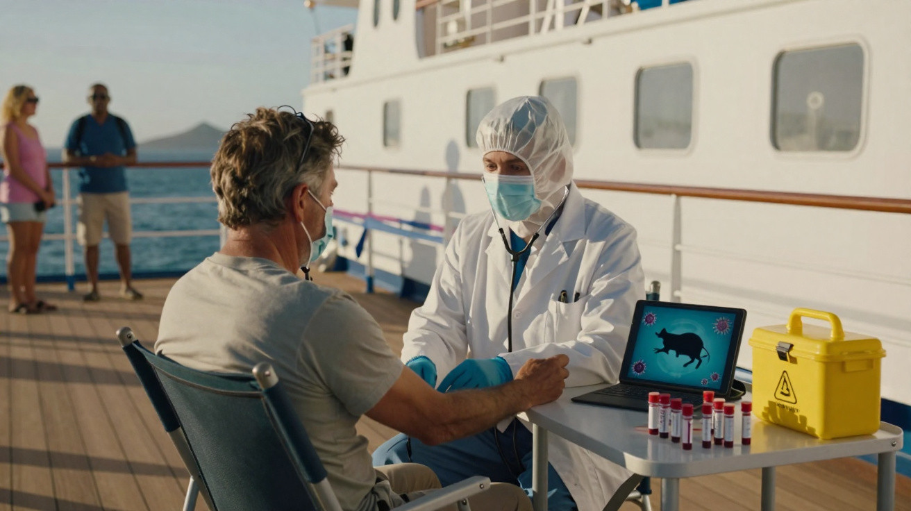 Médico com PPE a examinar paciente mascarado num convés de navio com tubos de ensaio e computador.