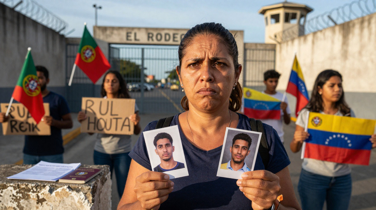 Mulher com expressão séria segura fotos de jovem, enquanto pessoas protestam com bandeiras de Portugal e Venezuela.
