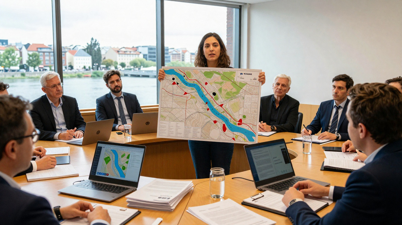 Mulher apresenta mapa numa reunião de negócios com várias pessoas à volta de uma mesa de conferências.