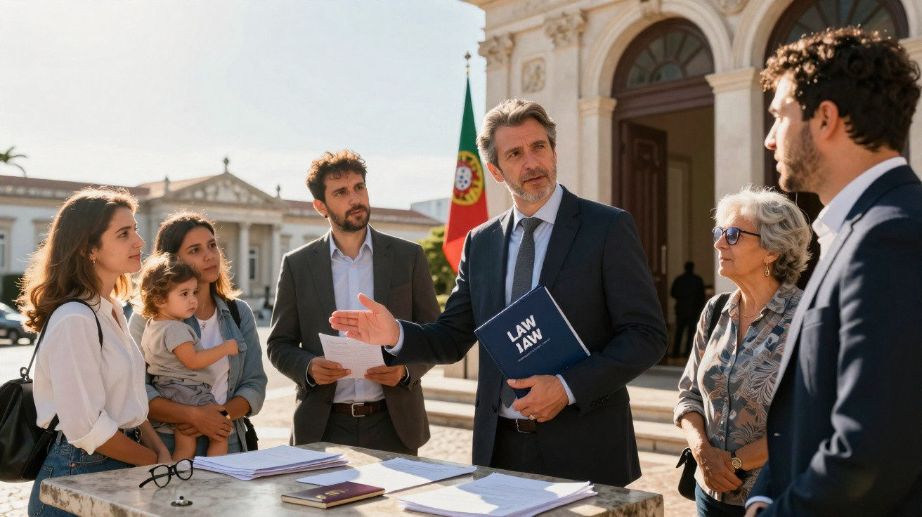 Homem de advogado conversa com grupo diversificado junto a edifício oficial com bandeira de Portugal ao fundo.