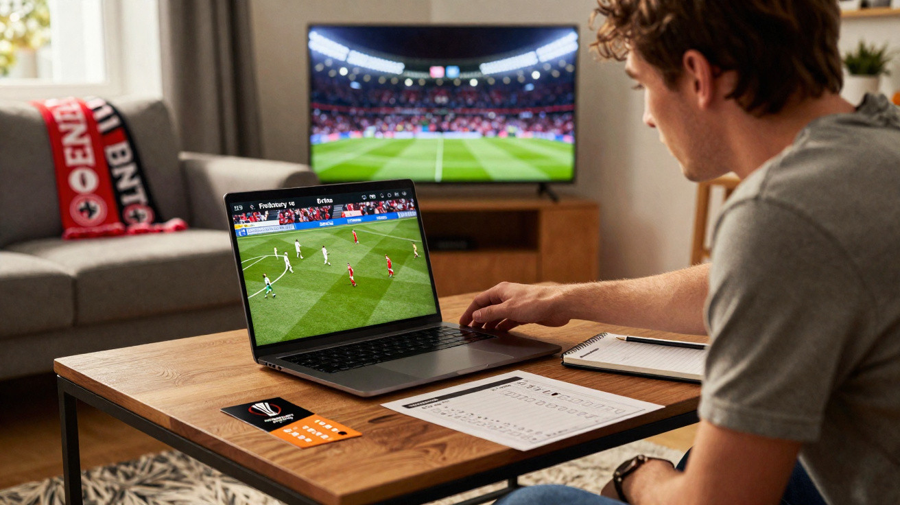 Homem sentado a ver um jogo de futebol num portátil, com televisão ligada ao fundo em sala de estar.