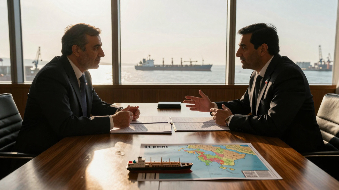 Dois homens de fato conversam numa sala com vista para o mar, com um mapa e modelo de navio sobre a mesa.