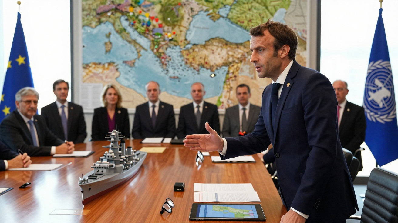 Reunião formal com várias pessoas em redor de mesa com modelo de navio de guerra e mapa ao fundo.