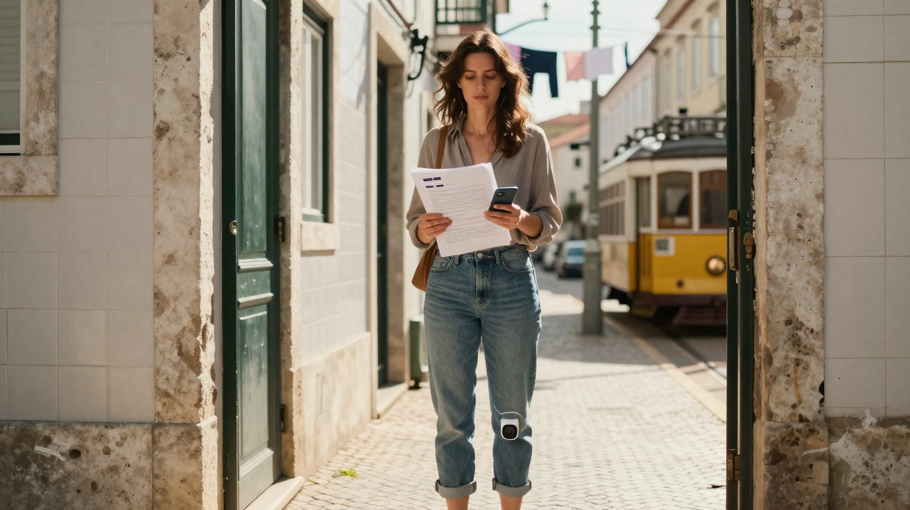 Mulher com dispositivo médico na perna consulta documentos e telemóvel numa rua com elétrico amarelo ao fundo.