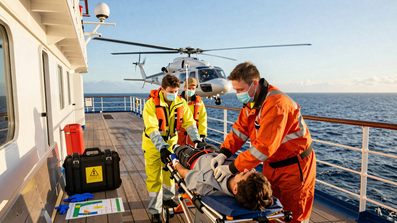 Tripulação médica a resgatar paciente em maca no convés de um navio com helicóptero ao fundo no mar.