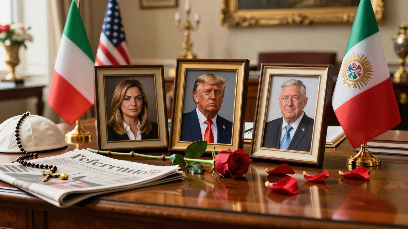 Três retratos em molduras douradas numa mesa com rosa, pétalas, rosário, jornal e duas pequenas bandeiras.