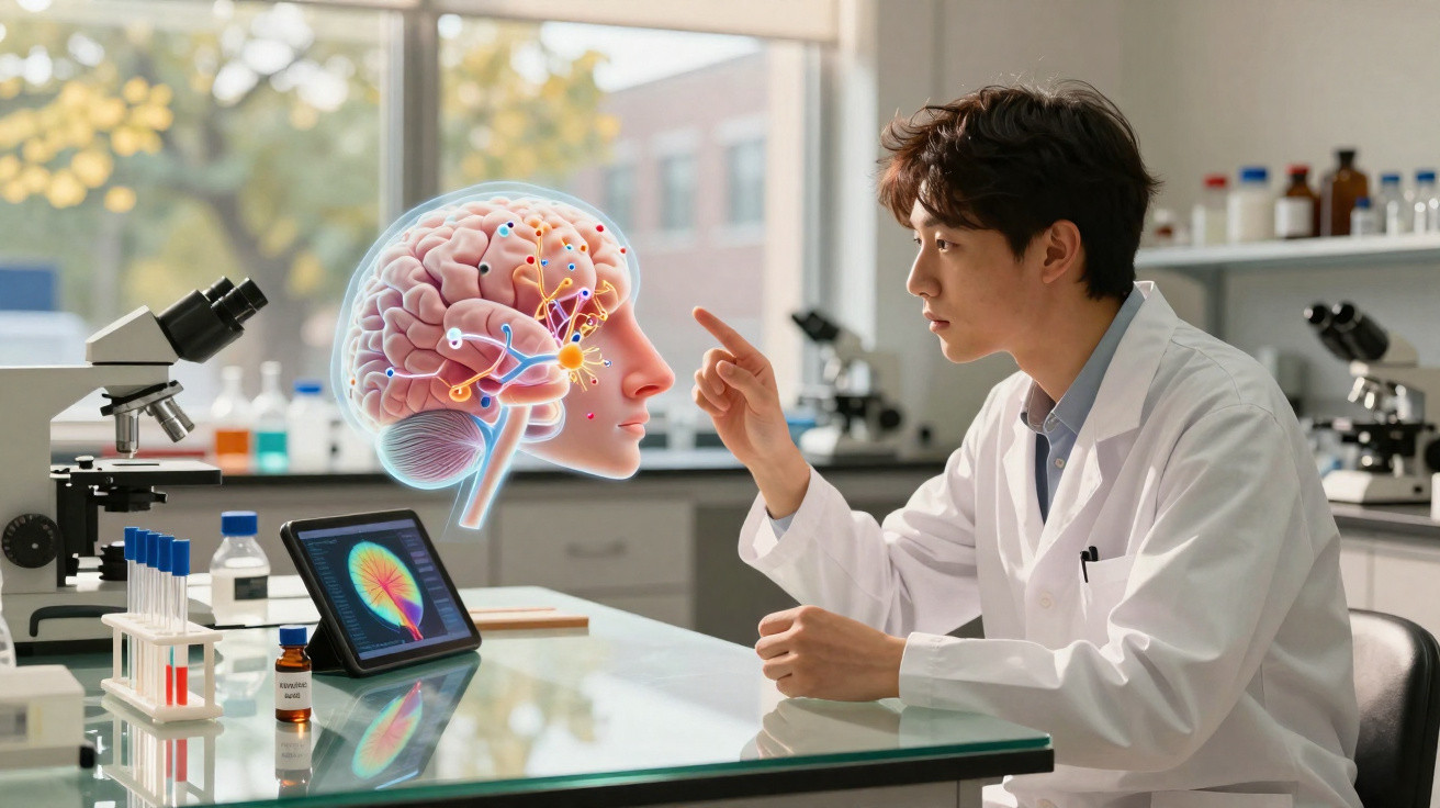 Cientista em bata branca analisa modelo holográfico do cérebro numa bancada de laboratório moderno.