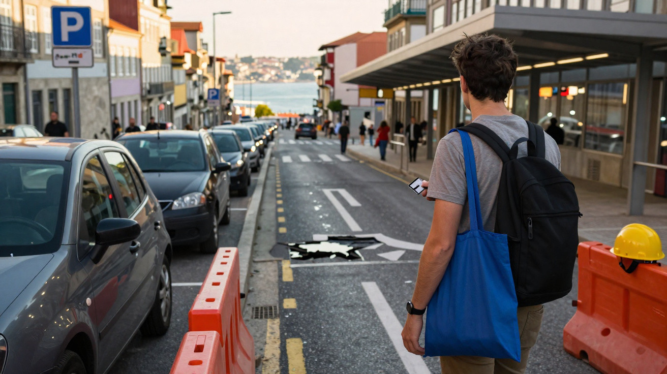 Homem com mochila e saco azul segura telemóvel numa rua urbana com carros estacionados e barreiras de construção.